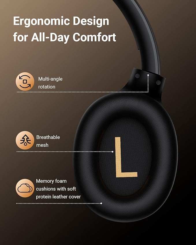 Hybrid Active Noise Cancelling Headphones, Wireless ANC Bluetooth 5.4 Over Ear Headphones, Clear Calls, Deep Bass, 60H Playtime, Comfort Fit, Foldable Headset for Gym Travel Office Home Black