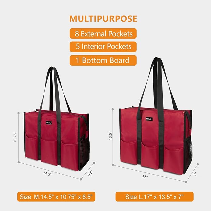 TOPDesign Utility Water Resistant Tote Bag with 13 Pockets, Top Zipper Closure & Thick Bottom Support, for Working Women