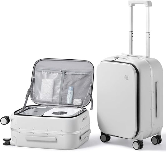 mixi 20 Inch Carry On Luggage 22x14x9 Airline Approved PC Hard Shell Suitcase Top Opening Aluminum Frame Travel Suitcases with Wheels, Smoke White