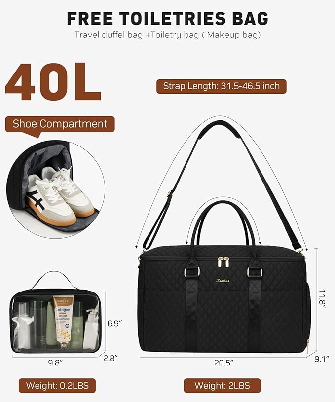 WINDARS Travel Duffle Bag, Weekender Bag for Women with Shoe Compartment, Large Carry On Overnight Bag with Toiletry Bag, Gym Duffel Bag with Wet Pocket, Hospital Bags for Labor and Delivery (Black)