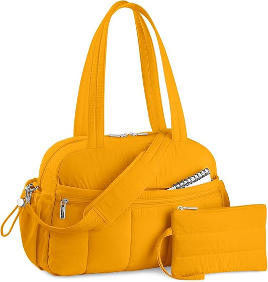 TOPDesign Travel Duffel Bag for Women, Puffer Gym Bag Sports Tote with Wet Pocket, Carry On Weekender with Luggage Sleeve (Golden Yellow)
