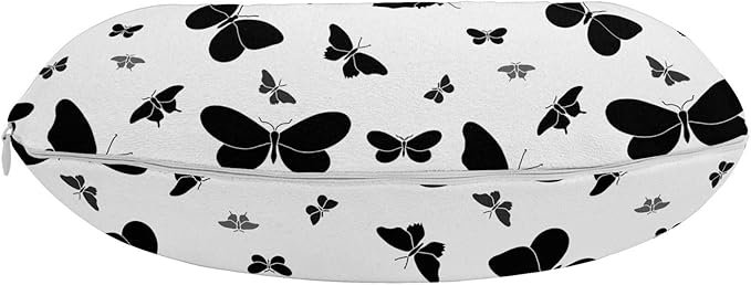 Ambesonne Butterfly Travel Pillow Neck Rest, Abstract Monochrome Bug Design Ornamental Illustration Moths and Butterflies, Memory Foam Traveling Accessory for Airplane and Car, 12", White