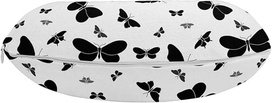 Ambesonne Butterfly Travel Pillow Neck Rest, Abstract Monochrome Bug Design Ornamental Illustration Moths and Butterflies, Memory Foam Traveling Accessory for Airplane and Car, 12", White
