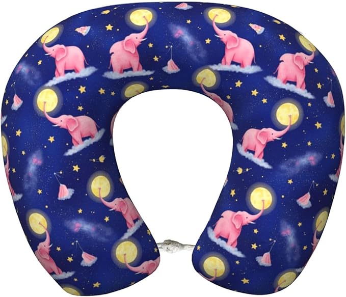 Comfortable Travel Pillow for Pain Relief Sleeping, Memory Foam Airplane Car Neck Pain Pillows Full Moon Rose Elephants, Funny Chin Head Support Cushion