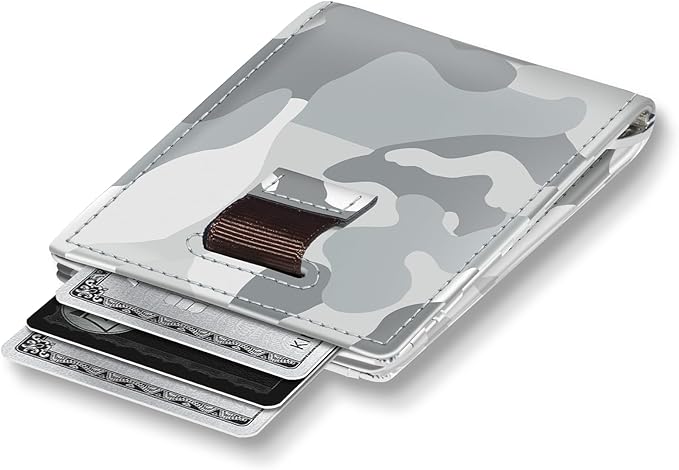 Kings Loot Money Clip Slim Minimalist Wallet for Men – RFID Blocking Leather Design with Money Clip – Front Pocket Bifold Holds 12 Cards – Stylish & Compact Wallets (Camo White/Engraved)