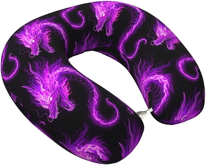 Neck Pillows for Travel Purple Fire Dragon Art, Women and Men Airplane Car Pillow, Neck Support U Shaped Pillow for Rest Pain Relief Sleeping