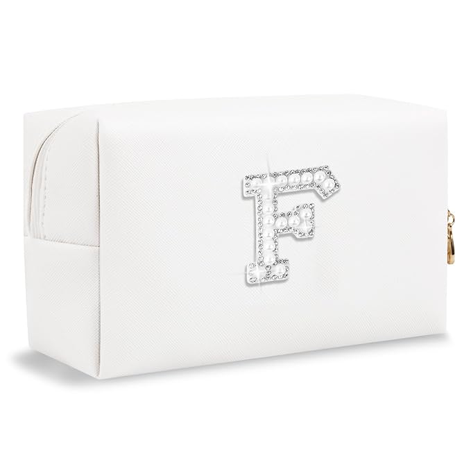 Bride Gifts – Personalized Initial Makeup Bag with Pearl Rhinestone Patch, Preppy White Monogram Cosmetic/Toiletry Pouch, bridesmaid Gifts, Bridal Shower Gifts, Wedding Gifts, Bridal Gifts,F