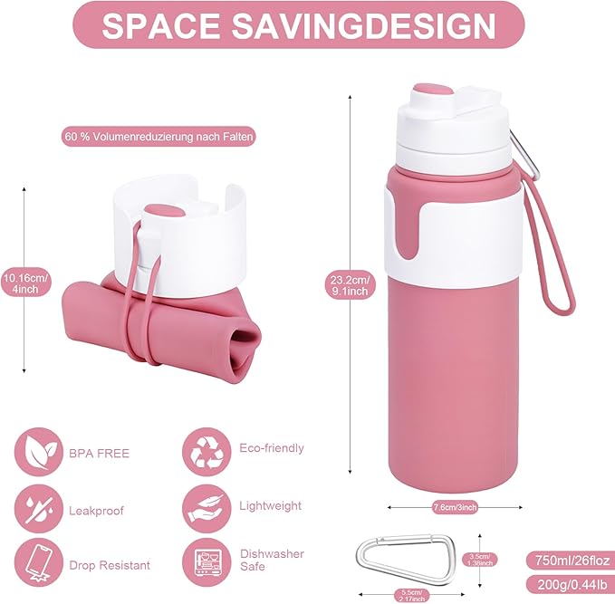 Collapsible Water Bottles for Travel - 26oz BPA-Free Foldable with Carabiner, Lightweight Leak-Proof Design, Portable Reusable Bottle for Hiking, Airplane, Camping (Pink)