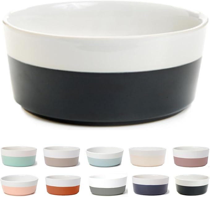 Waggo Dipper Ceramic Dog Bowl for Small and Large Breeds - Heavyweight and Durable Pet Food and Water Dish Crock, Dishwasher Safe, Modern (Black, Large)