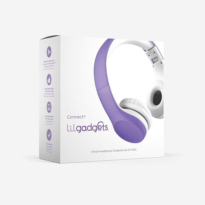 LilGadgets Connect+ Foldable Headphones, Adjustable Fit Soft Touch Padding for Kids with Mic, Volume-Limited & Noise Reduction On-Ear Wired Headset for School with SharePort - Purple, Ages 3-14
