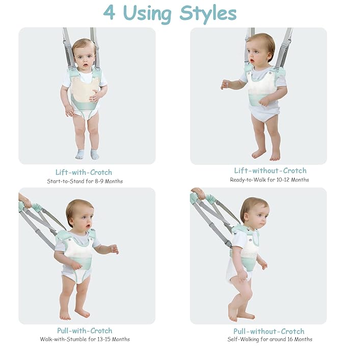 Baby Walker Breathable Baby Walking Harness Handheld Kids Walker Helper Toddler Infant Walker Harness Assistant Belt Pulling and Lifting Dual Use Walking Assistant Strap (Green 1)