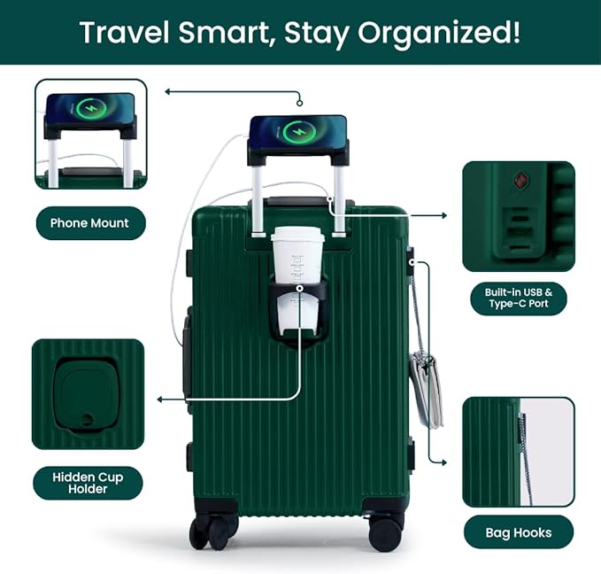 Nobl Travel Carry On Luggage, Noble Zipperless Aluminum Frame PC Hard Shell Suitcase, 22.5x15x9.5 Airline Approved, 360° Spinner Wheels, TSA Locks, USB Charging Port, Cup & Phone Holder -Forest Green