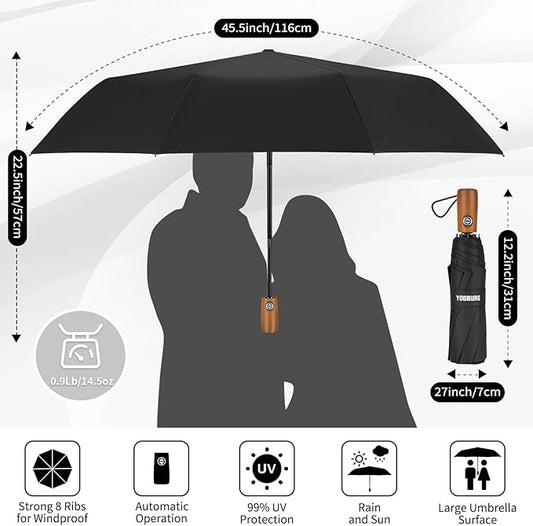 Yoobure Windproof Travel Umbrella with Wood Handle - Automatic Umbrellas for Rain & UV Sun Protection, Compact 46" Large Canopy, Lightweight Backpack Portable for Walking & Outdoor
