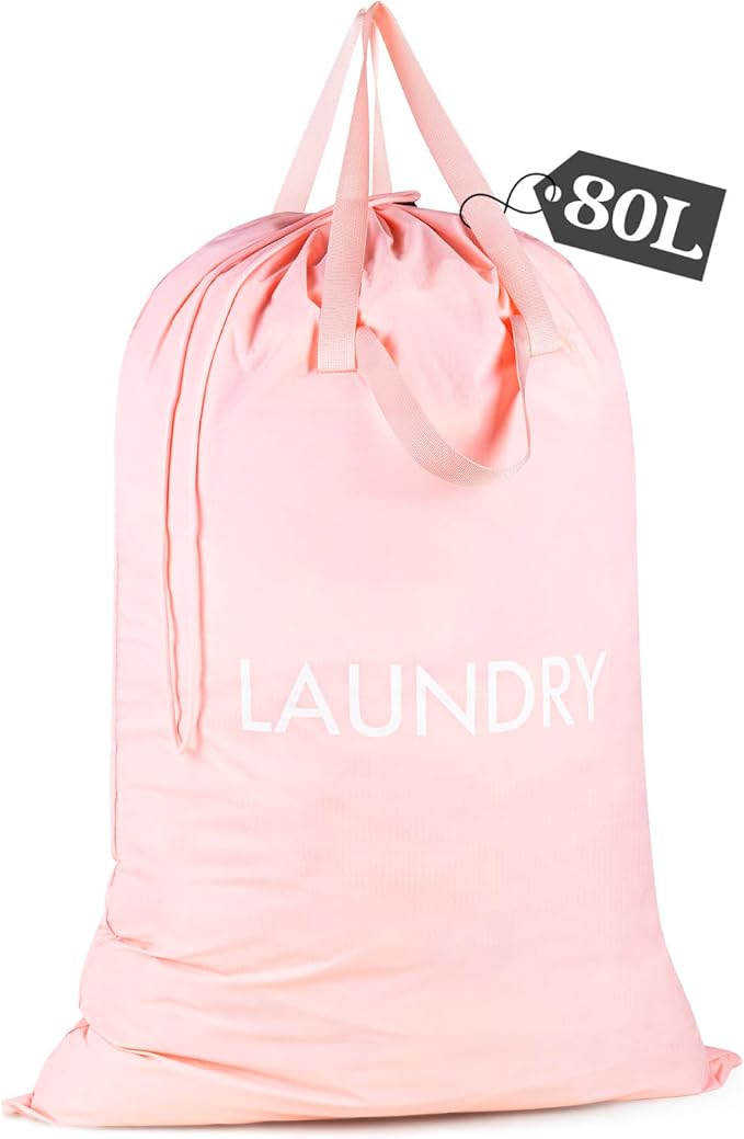 MissBoy Heavy Duty Nylon Laundry Bag,Washable & Splash-Resistant Dirty Clothes Storage Bag with Drawstring & Handles丨Lightweight, Foldable & Space-Saving for College Dorm,Beach&Trips, 80L Pink