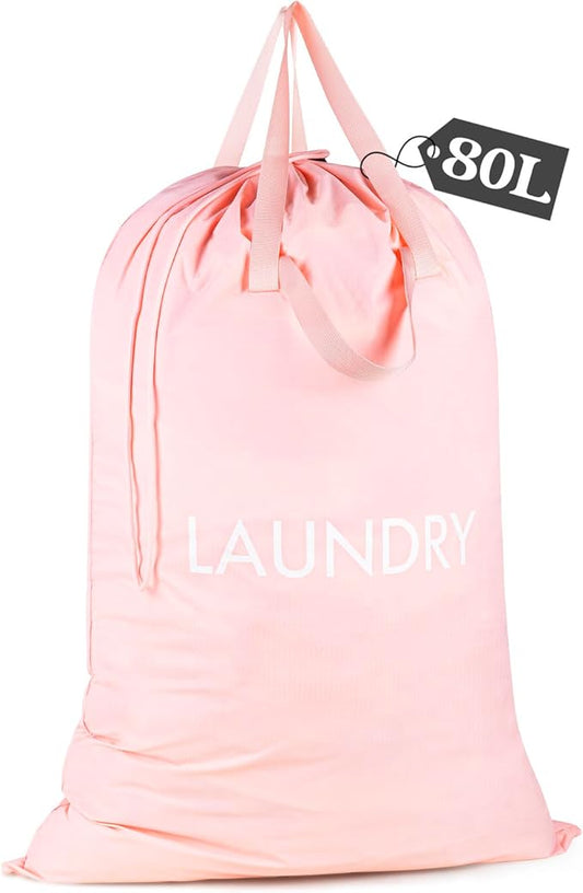 MissBoy Heavy Duty Nylon Laundry Bag,Washable & Splash-Resistant Dirty Clothes Storage Bag with Drawstring & Handles丨Lightweight, Foldable & Space-Saving for College Dorm,Beach&Trips, 80L Pink