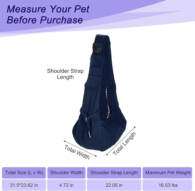 PETAXCELL Dog and Cat Sling Carrier Up to 16.5 Lbs, Hand-Free Reversible Pet Sling Carrier with Adjustable Strap and Pocket, (Dark Blue, 1 Pcs) Intended for Hiking/Camping/Traveling