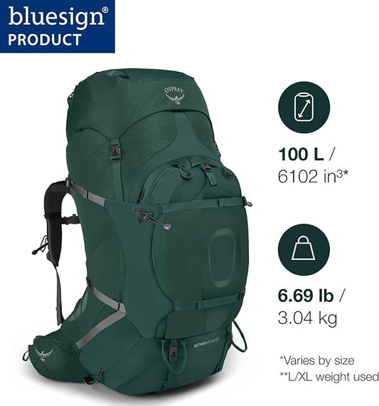 Osprey Aether Plus 100L Men's Backpacking Backpack, Axo Green, L/XL