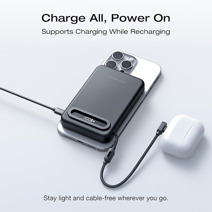 EF ECOFLOW Rapid Mag Power Bank 10,000mAh, Qi2.2 25W Wireless Charging, 0.6'' Slim Magnetic Portable Charger, Built-in USB-C Cable, Qi2 Certified Magsafe-Compatible Battery for iPhone 17/16/15, Black