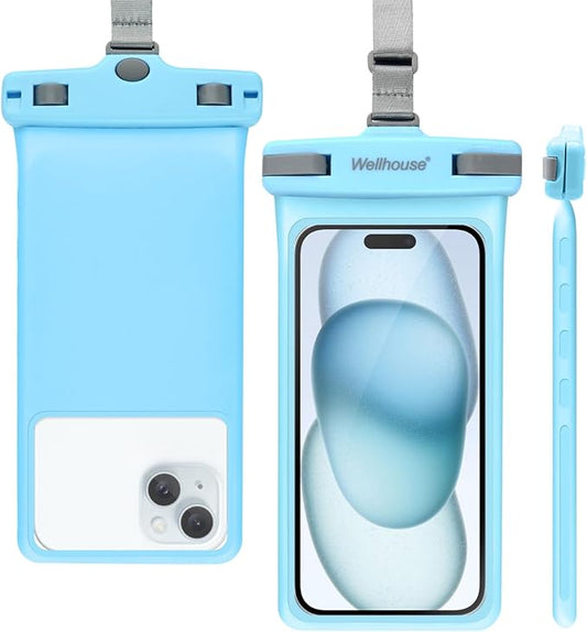 wellhouse Waterproof Phone Pouch, Waterproof Phone Case for iPhone 16 15 14 13 12 Pro Max XS Samsung, IPX8 3D Cellphone Dry Bag Beach Essentials (1 Pack - Light Blue7.0, 7 inch)