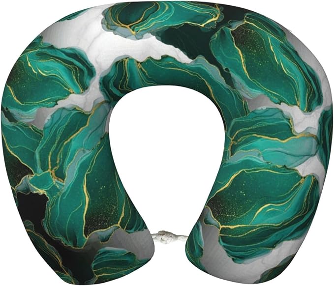 Comfortable Memory Foam Neck Pillow Abstract Teal Green Turquoise Marble, Travel U Shaped Airplane/Car/Flight Pillows with Removable Zipper Cover, Chin Head Neck Support Cushion