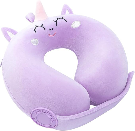 Car Pillow for Big Kids Travel Neck Pillows, Foam Neck Support Travelling Pillow with Washable Cotton Pillowcases and Storage Bag, for Airplane, Train, Flight and Home Use Unicorn Purple