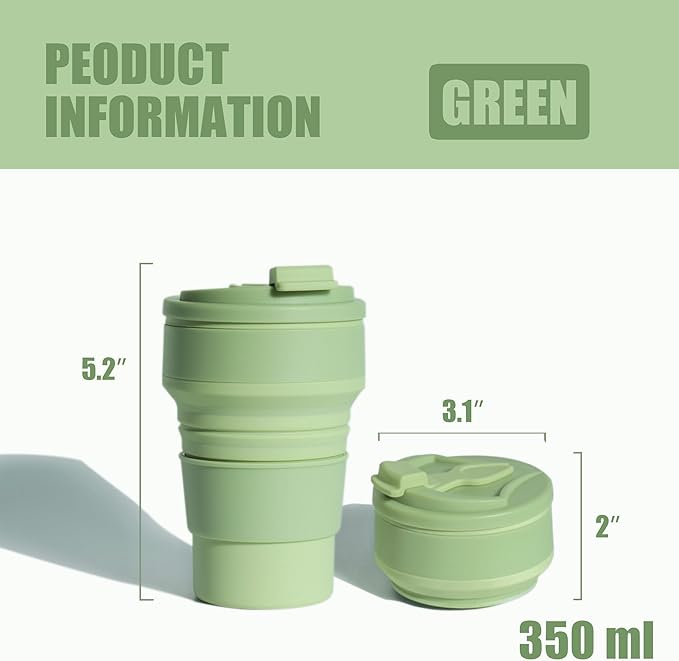 12oz Collapsible Water Bottles, Silicone Foldable Portable Travel Water Bottle, Folding Lightweight Reusable Leakproof for Traveling Camping Hiking Cycling Yoga Sports Green