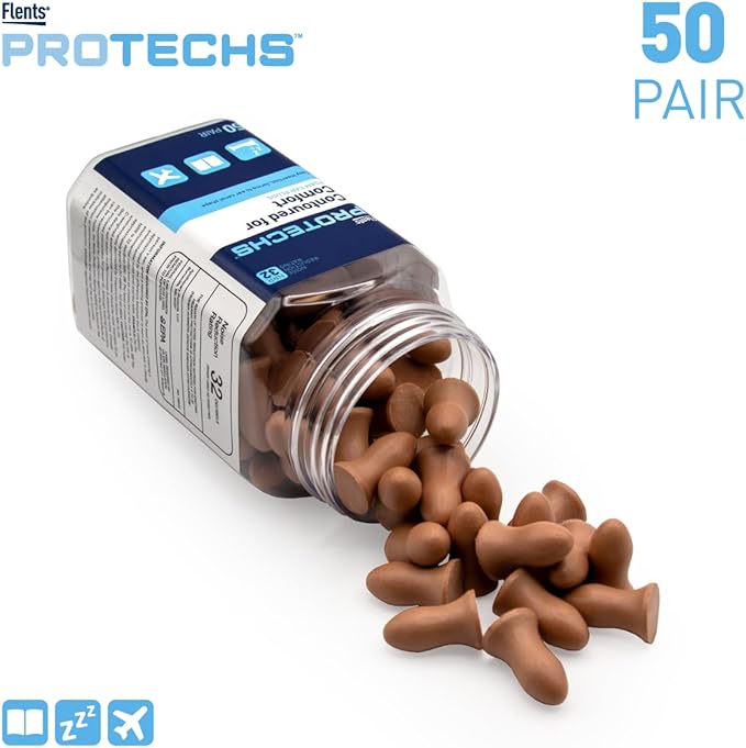 Flents Protechs Disposable Foam Ear Plugs, Contoured for Comfort, Ideal for Work, Loud Noise, Heavy Machinery, Construction, Studying, Shooting & Traveling, NRR 32, Beige, Easy to Use, 50 Pair