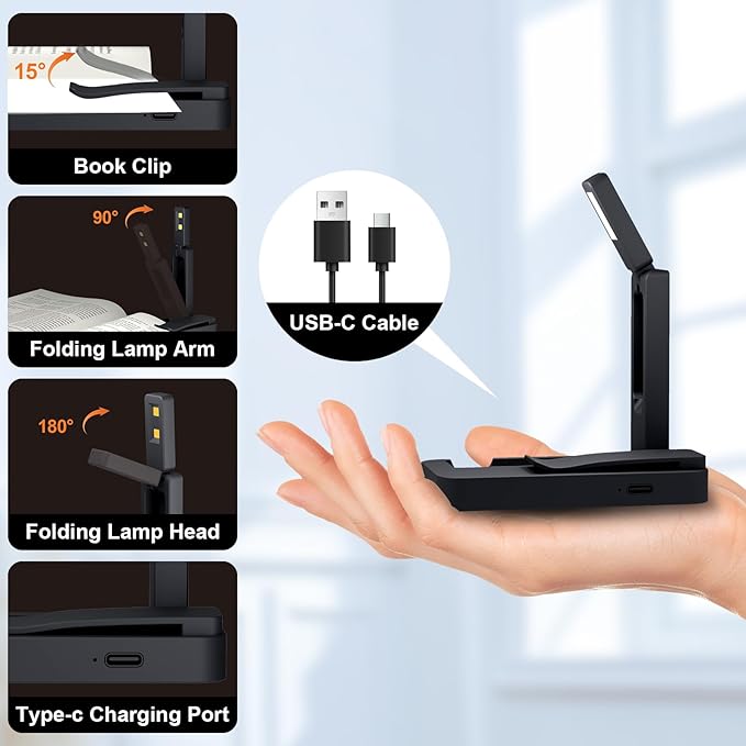 NEWZCLA【2 Pack】Rechargeable Book Light for Reading in Bed,Foldable Clip-On Reading Light,Lightweight 3 Color Amber Eye Care & Stepless Dimming,80H Lasting LED Lamp Gifts for Book Lovers,Travel/2*Black