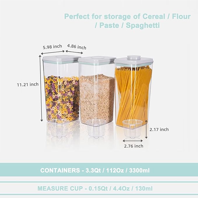 Kahyeets Airtight Food Storage Containers with Lids Pop Up Containers Pasta Organizer for Kitchen Pantry Cereal Snack Flour Sugar Coffee (3pc 3300ml / 3.48qt)