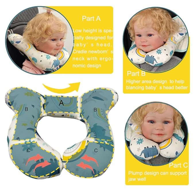 Baby Neck Pillows, Comfortable Baby Travel Head Neck Support Pillow for Car Seat Stroller Pushchair, Soft PP Cotton Travel Pillow for 0-1 Year Old Toddler Infant Newborn, Dinosaur