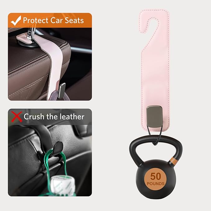 CoBak Headrest Hooks for Car - Universal Premium Stitched Leather and Aluminum-Magnesium Alloy Single Car Seat Back Storage Hook for Purses, Handbags, Bags (2 Pack),Pink