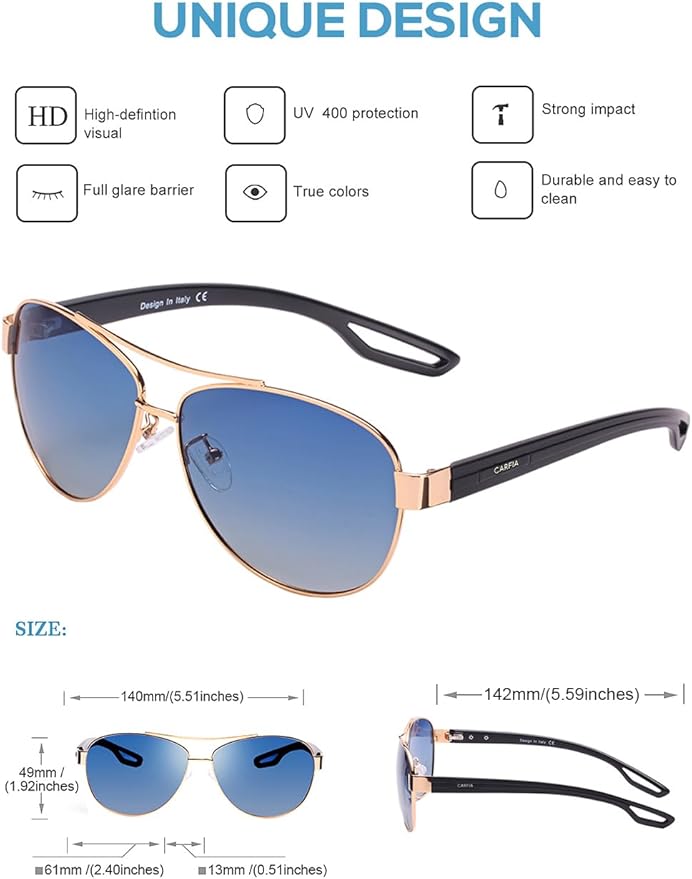 CARFIA Polarized Sunglasses for Women UV Protection Ultra-Lightweight Comfort Metal Frame Driving Glasses CA3210