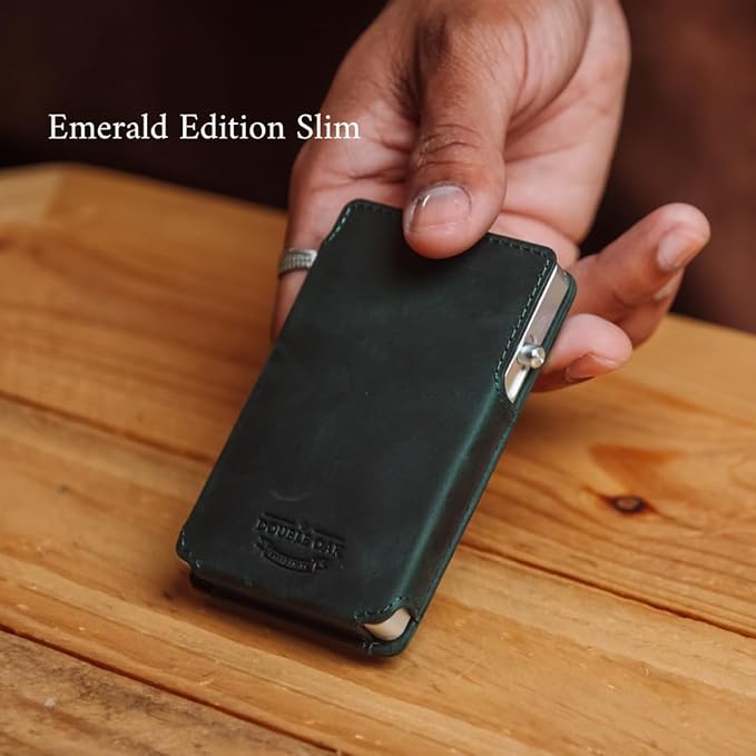 Double Oak Essentials SLIM Leather Pop-up Wallet — Removable Cardholder Design with Locking Mechanism - RFID Blocking, Top Grain Cowhide Leather (Emerald Edition)