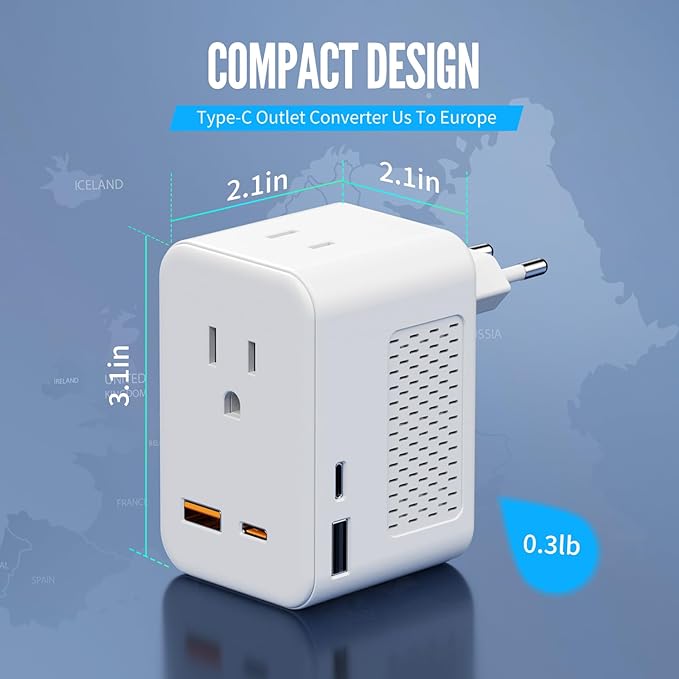 220V to 110V Voltage Converter US to Europe Travel, Adapter Plug Converter for European Travel with 20W PD & 2 USB-A & 2 USB-C Port, European Power Converter Combo USA to Spain Italy France (White)