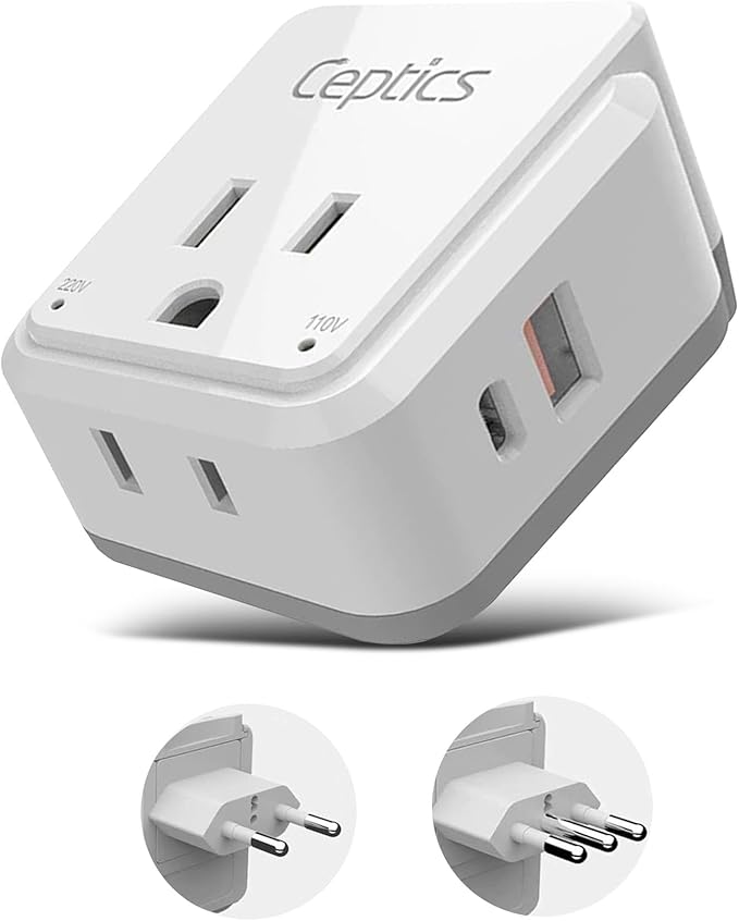 Ceptics Chile, Rome, Italy Travel Plug Adapter Set, Chile plug adapter USB-USB-C 20W PD-QC 18W, 2 Outlet, US to Italy plug adapter for Lybia, Uruguay Includes Type C, L SWadAPt Attachments - PAK-IT