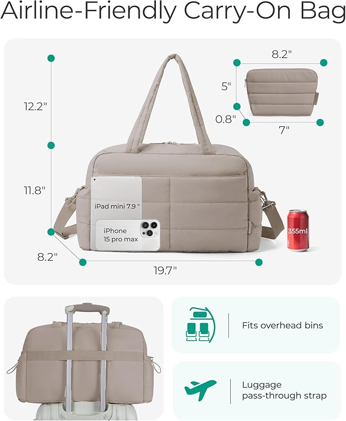 BAGSMART Gym Bag for Women, Lightweight Puffer Duffle Bag 2-PC Travel Bag, 31L Weekender Overnight Bag Quilted Carry On Tote Bag, Diaper Hospital Dance bag for Travel, Gym, Water Resistant, Camel