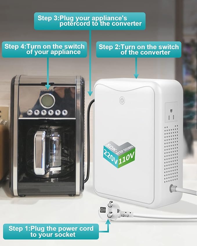 220v to 110v Step Down Transformer 1000W Power Voltage Converters, No Noise, Suit for Coffee Machines, Rice Cookers and Other Kitchen Appliances，Using US and Japan Appliance in Asia or Europe