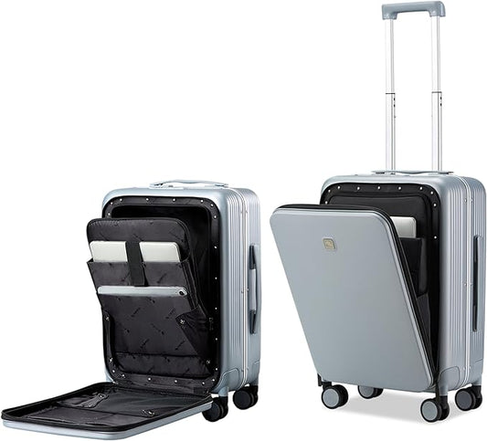 Hanke Grace Hard Shell Suitcases with Wheels,20 Inch Carry On Luggage Airline Approved with Aluminum Frame, Travel suitcase with Front Pocket Travel Luggage for Short Business Trips, Grey.