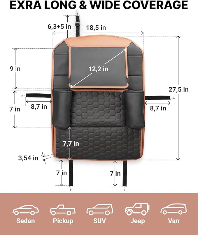 Owleys Back of Seat Organizer for Kids | Car Storage Caddy – 8 Pockets + Transparent Tablet Holder | Waterproof Eco-Leather | 27.5' x 18.5' | Brown+Black