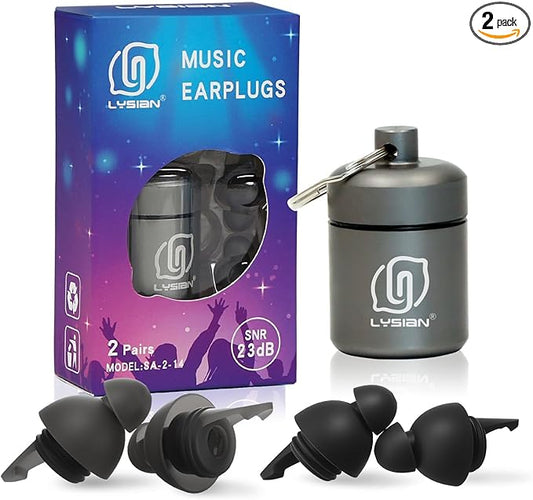 LYSIAN High-Fidelity Concert Ear Plugs– Reusable Noise-Reduction Festival Earplugs for Musician, Drummers, Party, Rave-Enjoy Clear Sound with -23dB Protection 2 Pairs Packs Black