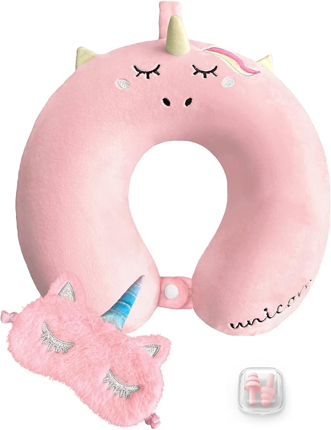 Neck Travel Pillow for Kids, Unicorn Airplane Memory Foam Pillow with Cute Sleep Mask & Earplugs, Lightweight Travelling Sleeping Pillow Set for Car, Train, Bus and Home Use (Pink)