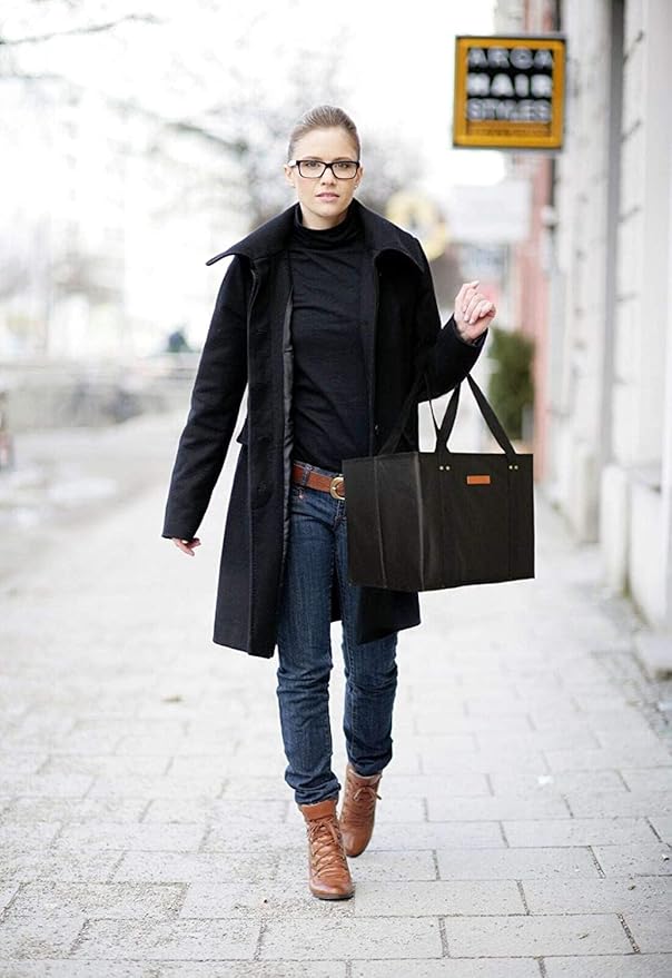 Gramercy Premium Large Reusable Grocery Bags, Heavy Duty 4 Pack – Foldable Shopping Tote Bags With Handles, Washable and Reinforced With Thick Bottom and Sides (Black, 4pcs)