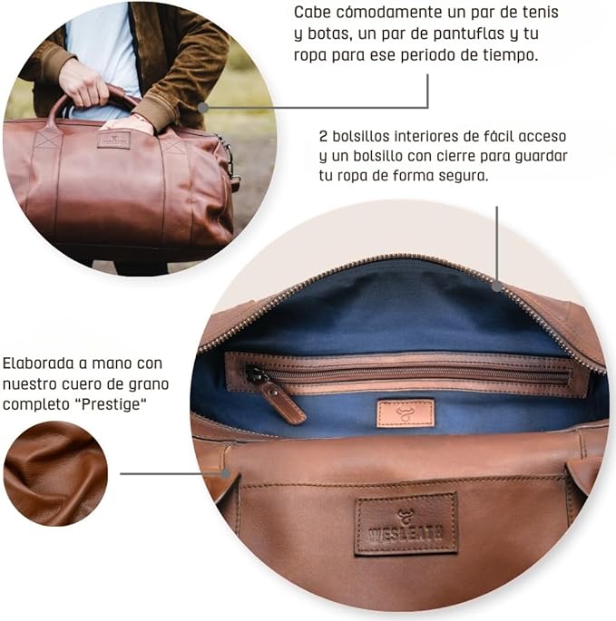 Full Grain Leather Duffle Bag – 40L Travel, Gym & Carry-On Weekender for Men | Handcrafted Overnight Bag with Brass Hardware, Bourbon Style