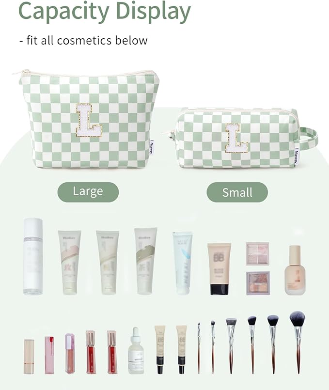 Narwey 2 Piece Personalized Initial Makeup Bag Checkered Cosmetic Bags, 6 8 10 11 12 13 14 16 18 Years Old Teen Girl Gifts Trendy Stuff Birthday Gifts for Women, Travel Toiletry Bag (Green Letter L)