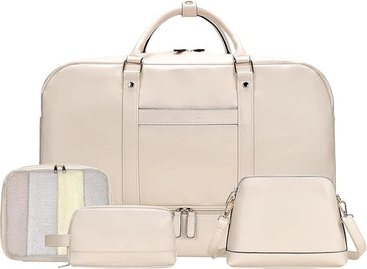 4PCS Leather Duffle Bags, Weekender Bag for Women Men, Large Travel Duffel-Overnight Bag with Toiletry, Makeup, Shoulder Bag, Faux Leather Carry On with Shoe Compartment (White)