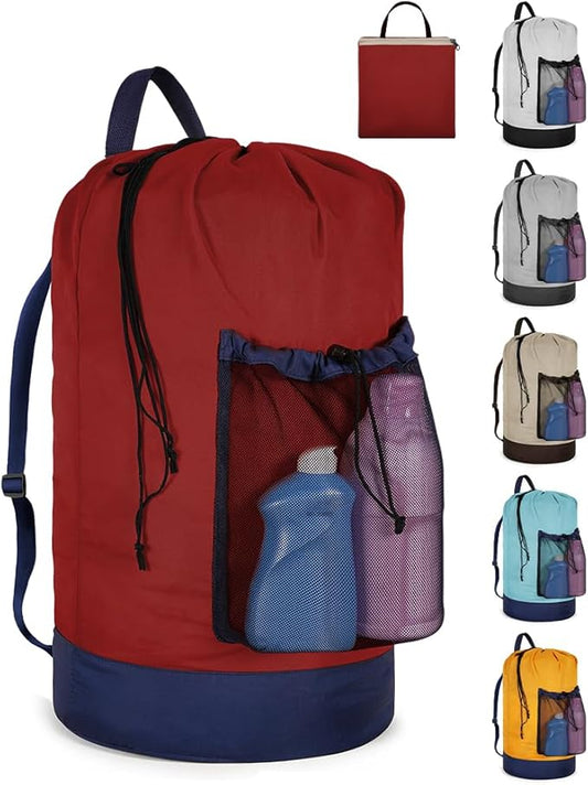 Laundry Bag with Shoulder Straps and Mesh Pocket Laundry Backpack Large Portable Laundry Hamper for College Laundromat Apartment