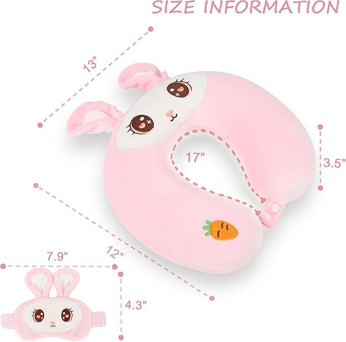 Sexysamba Cartoon Headrest & Neck Pillow for Kids Boys & Girls, Teens, Travel Accessories for Airplane, Car, Recline, Memory Foam Cute Travel Pillow with Sleep Eye Mask - Pink Rabbit