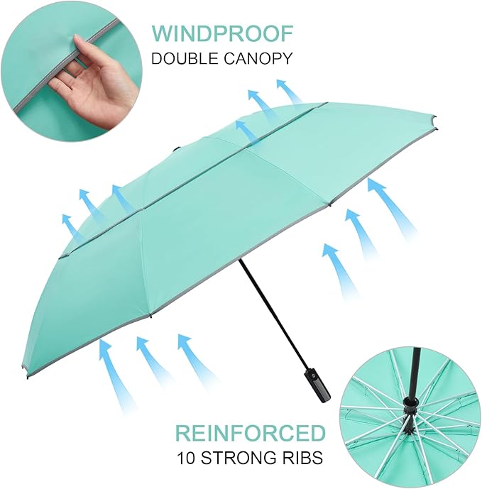 G4Free 54/62 Inch Windproof Inverted Umbrella with Reflective Stripe Large Compact Reverse Golf Umbrella for Rain 10 Ribs Double Canopy Travel Umbrella Automatic Open Close