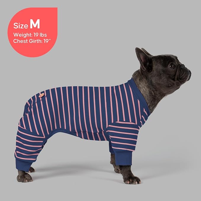 KYEESE Dog Pajamas, Stretchable Velvet Fleece 4 Legs Doggie Jammies, Striped Jumpsuit Pet Onesie, Cozy Outfit Comfortable Dog Clothes, Hair Shedding Cover Pet Sleepwear,Navy Blue Striped, Medium