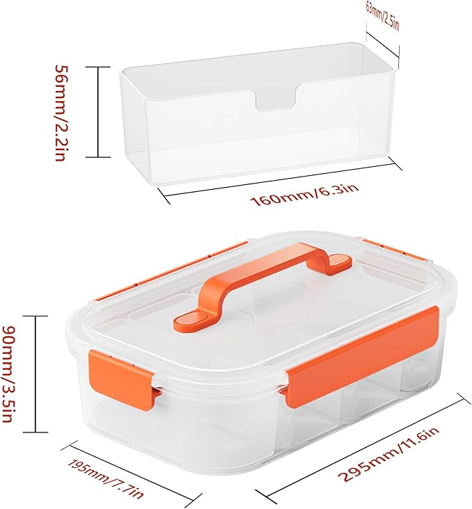 Li & Zhao Snackle Box Container - 4-Compartment Divided Snack Serving Tray with Silicone Handle, Perfect for Picnics, Leak-Proof, and Dishwasher-Safe Dressing Containers(Orange)
